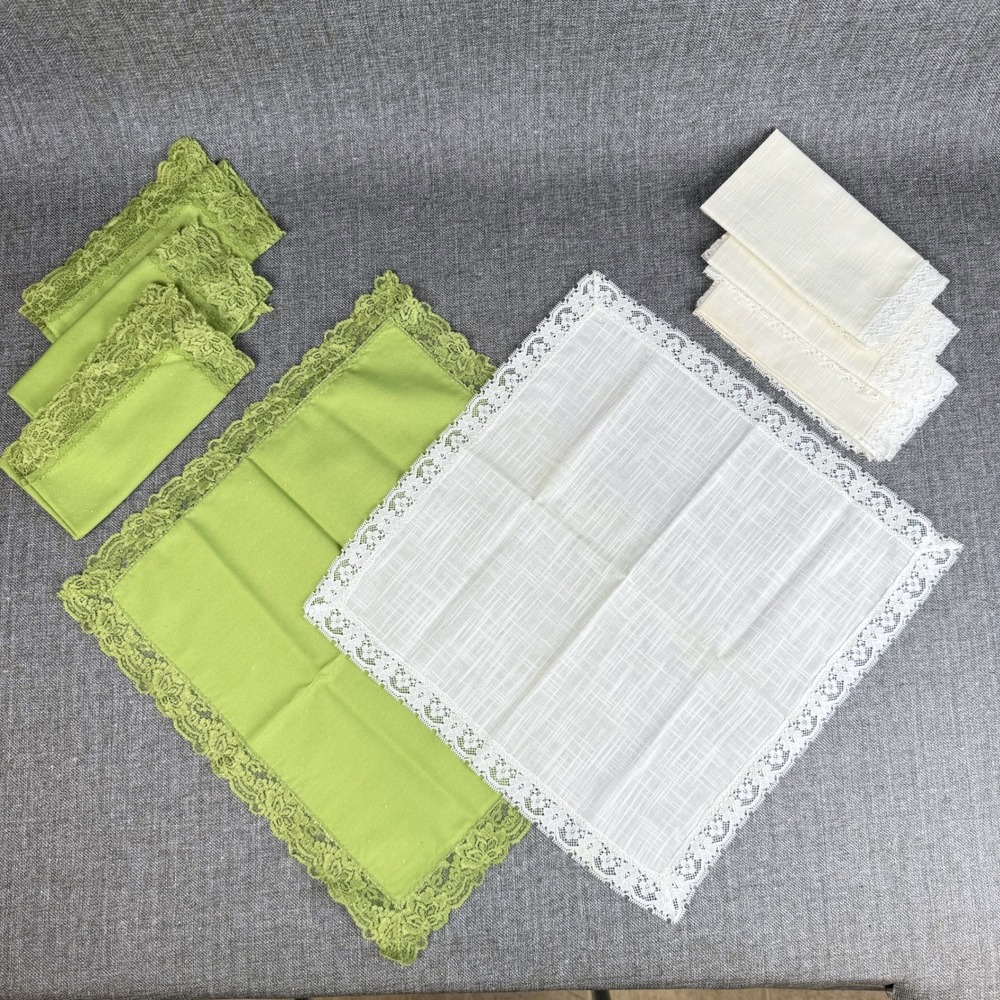 Vintage Lace Trim Cloth Napkin Set 10pc Green Cream White Linen Lot of 8